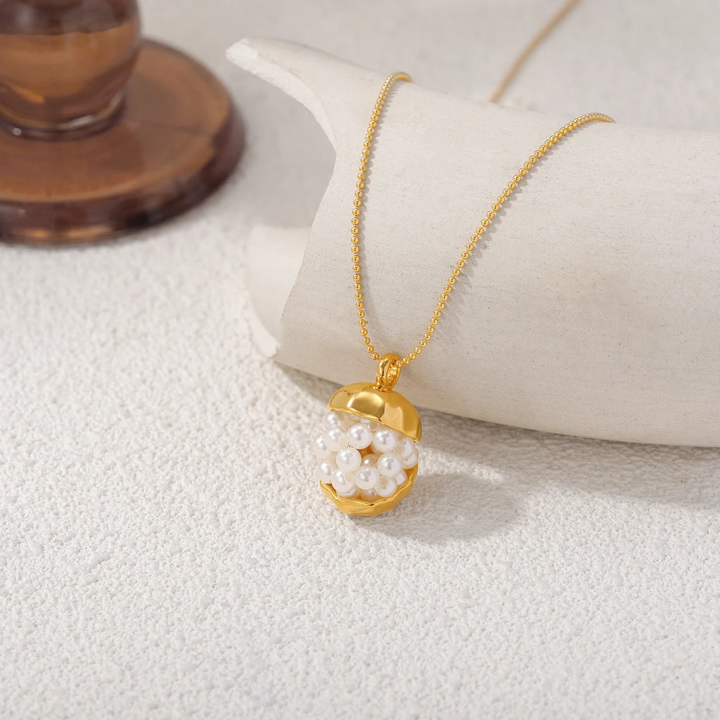 18K Gold Plated Pearls Pendant Necklace Waterproof Stainless Steel Round Bead Chain Chunky Geometric Femal Party Jewelry Gifts