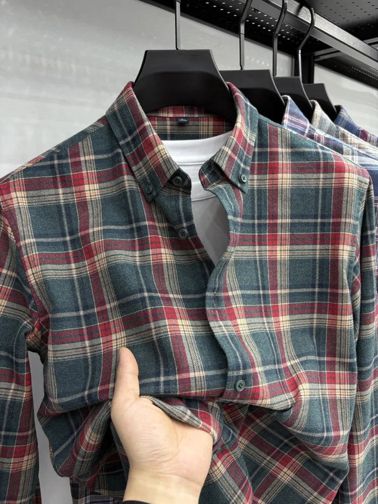 New 2025 Men's Long Sleeve Cotton Shirt Fleece Business Casual Easy Care Youth Outerwear Top Polyester Fiber Cool Sensation