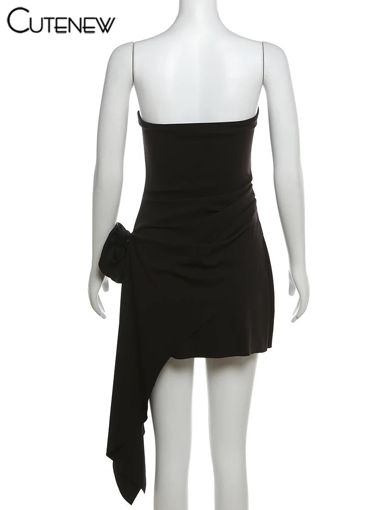 Nibber Floral Solid Mini Dress Women Basic Trend Birthday Party Chic Irregular Strapless Cross Sheath Vestidos Concise Clothing