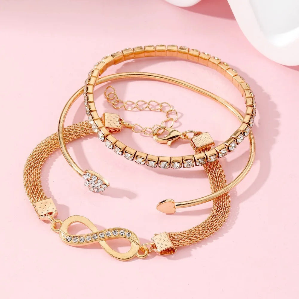 Vintage Infinity Heart Crystal Rhinestone Bracelet Set for Women Female Gold Color Metal Adjustable Bracelets Fashion Jewelry