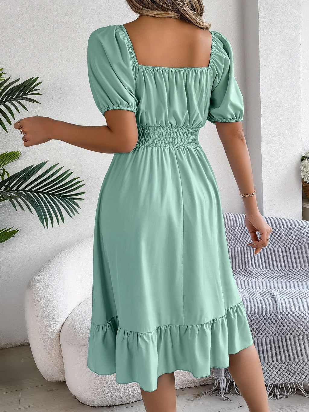 Spring Summer Elegant High Waisted Dress Square Neck Short Sleeved Ruffled Edge Long Dresses for Women 2026 Valentine's Day