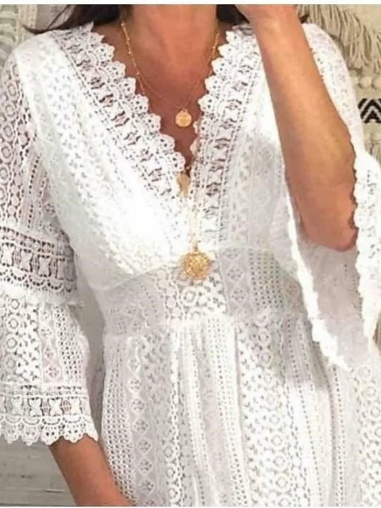 High Waist White Women Dresses Elegant Flare Sleeve Vestidos Summer Casual V-neck Hollow Out Lace Dress