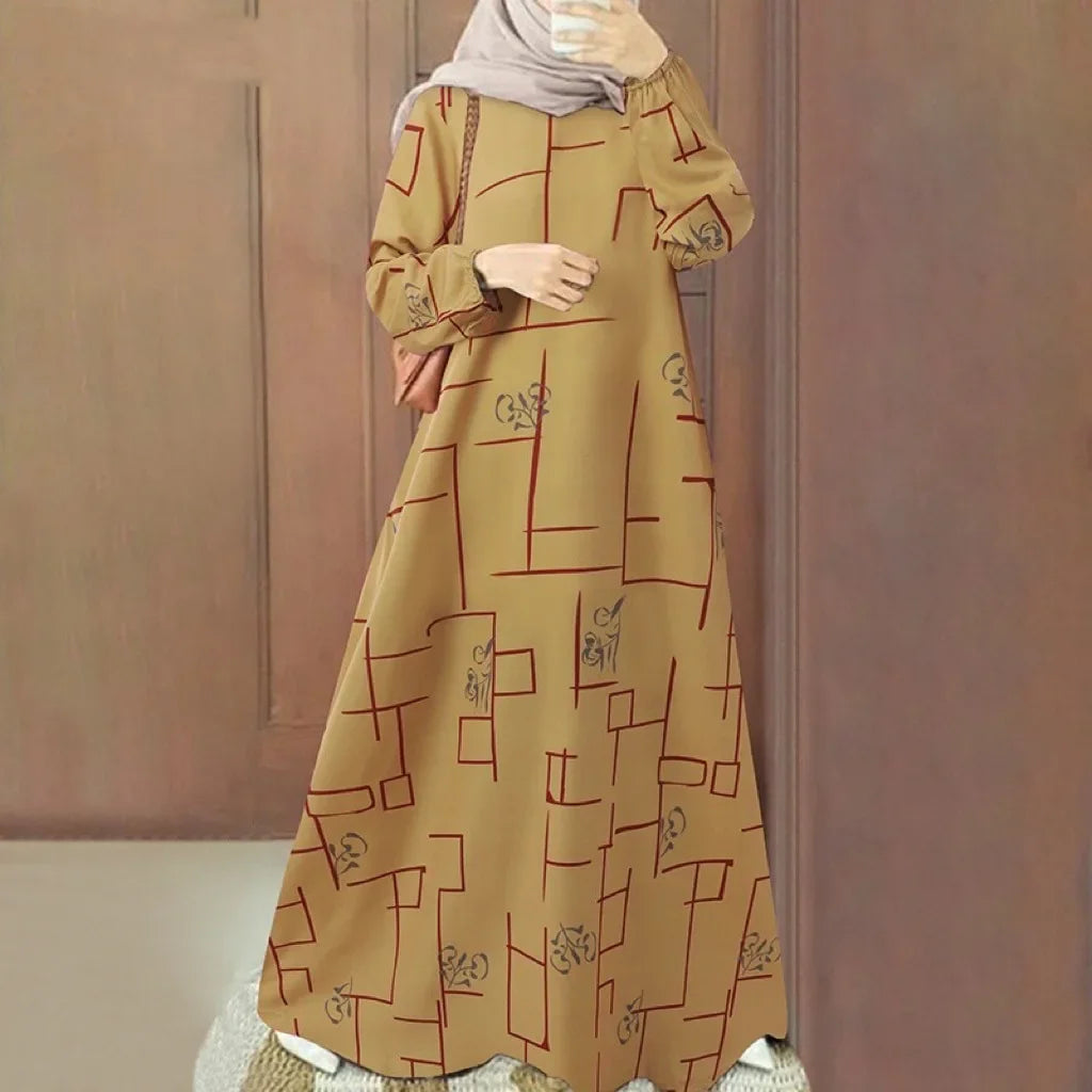 New 2025 Long Sleeve round Neck Printed Loose Fit Maxi Dress Women's Casual Wear Middle East Muslim Style Cross Border Fashion