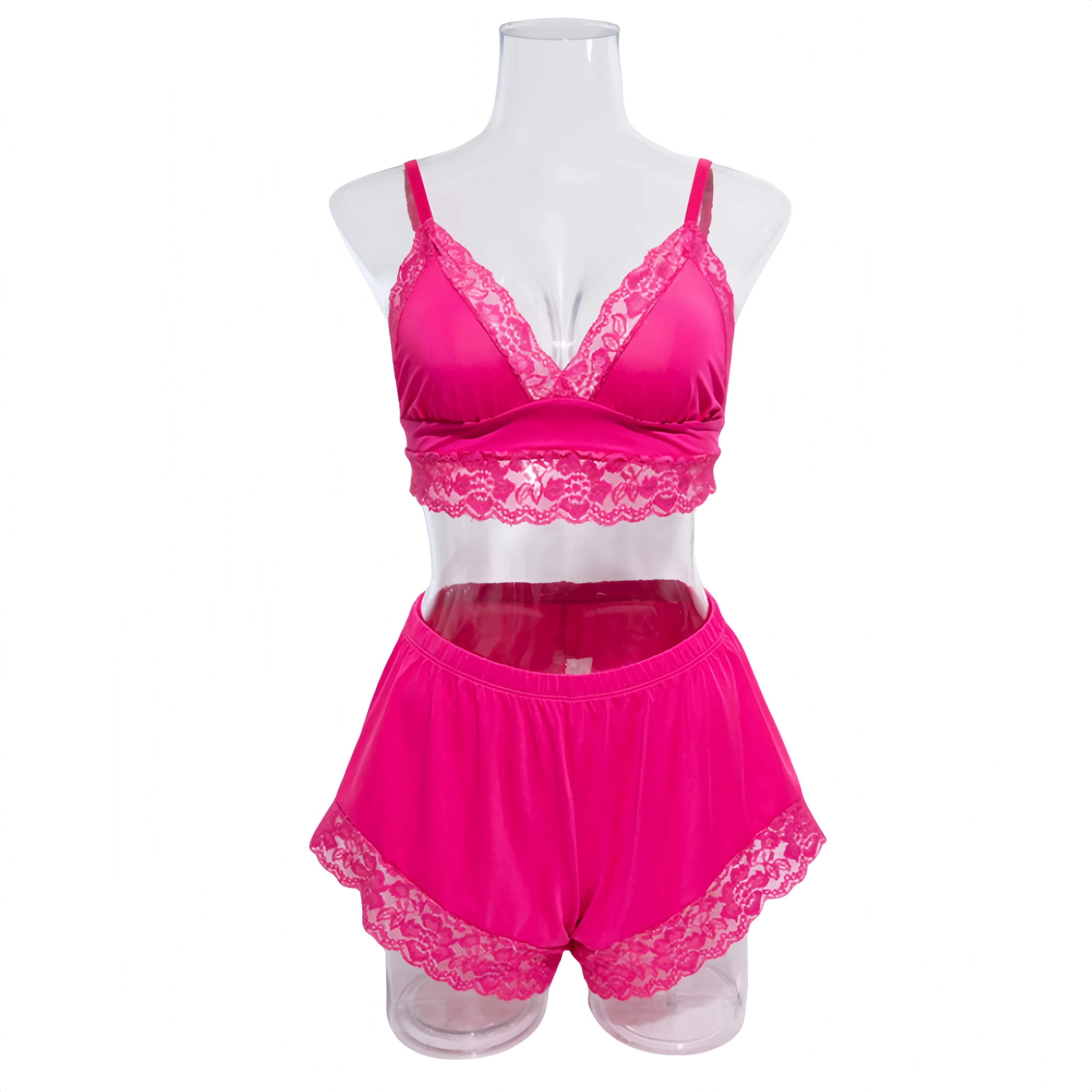 Sexy Lace Splicing Lingeries Sets Woman V Neck Spaghetti Strap Satin Bra And Shorts Pajama Set Casual Home Sleepwear Set