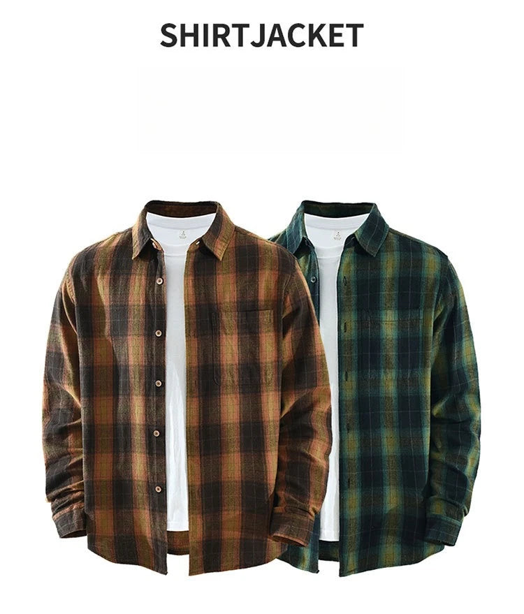 Oversized 100% Cotton Men's Plaid Shirt, Japanese Casual Style, Green Coffee Check Camping Fishing