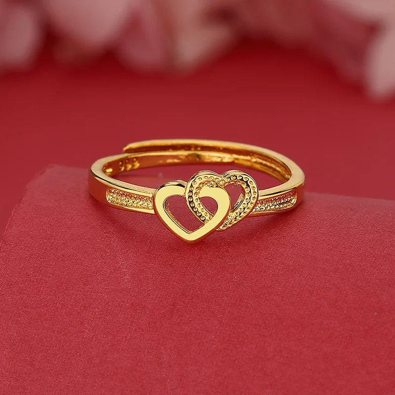 24K Gold AU999 Double Heart Jewelry | Matte hearts with glossy outlines, adjustable opening, versatile for daily wear