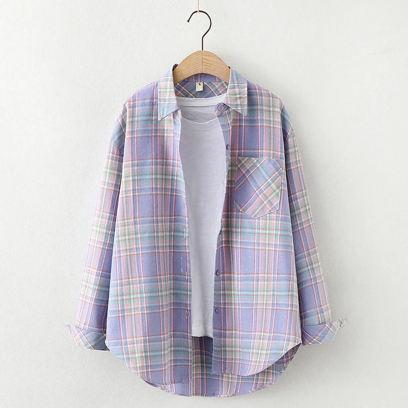 Fresh Flannel Plaid Shirt Women 2025 New Female Blouses and Tops Cotton Loose Long Sleeve Casual Shirts Fine Women's Clothes