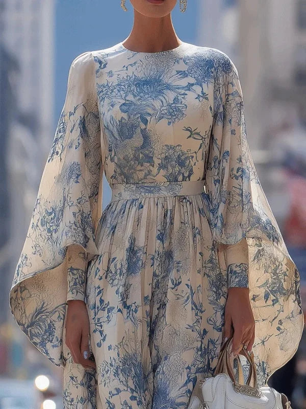 Tinaa Sky Blue Flower Print Long Dresses for Women 2026 Spring Summer New Loose Fit Batwing Sleeve O Neck Elegant Dress 196197