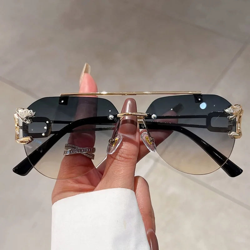 New Trendy Rimless Sunglasses Men Women Fashion Oversized Square Shades Eyewear Double Bridge Gradient UV400 Sun Glasses