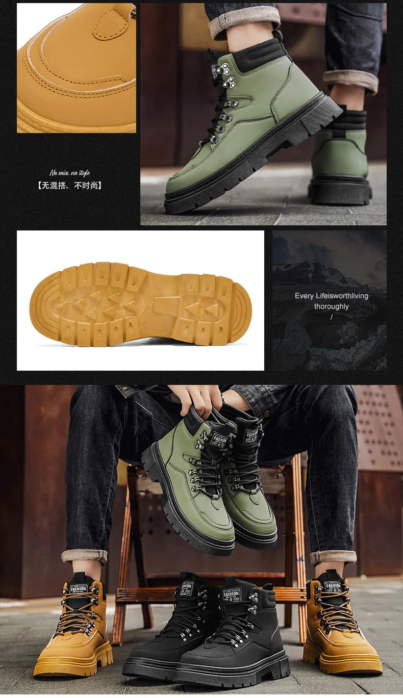 New Men's Leather Boots Brand Retro Comfortable Boots for Men 2025 Fashion High Top Non Slip Casual Shoes Business Work Shoes