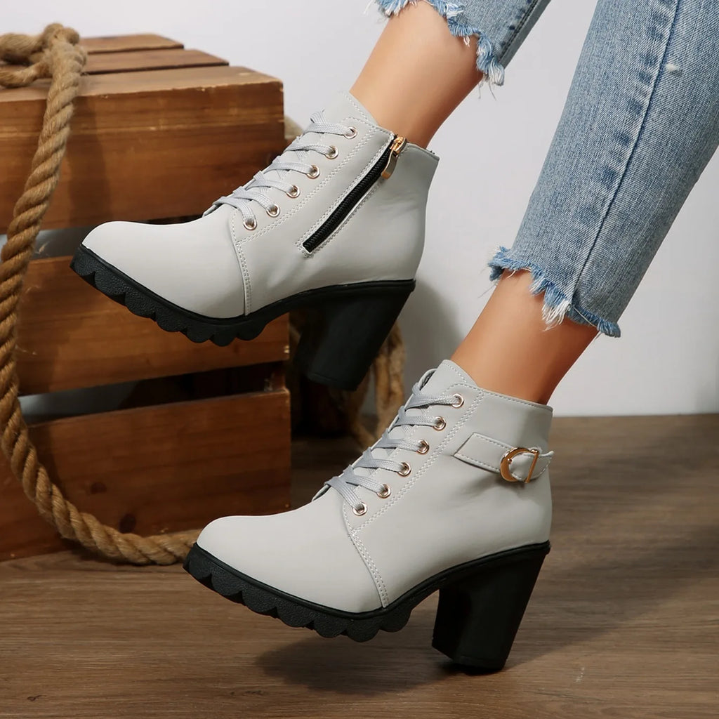 2025 Women High Heel Ankle Boots Autumn Lace Up Comfortable Short Boots Retro Fashion New Trend Lady Shoes Women Botas De Mujer