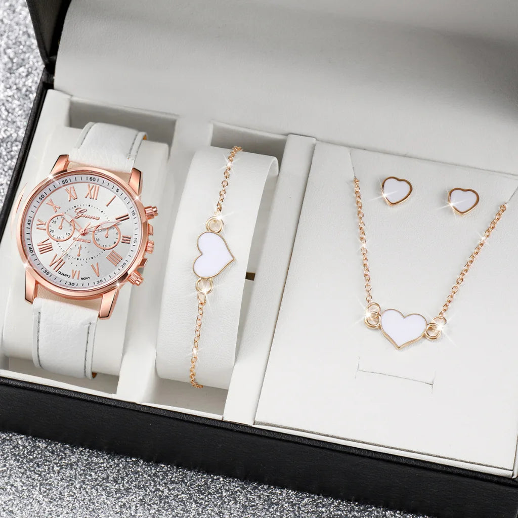 2/6pcs Luxury Watch Set Women Ring Necklace Earrings Rhinestone Fashion Wristwatch Female Casual Ladies Watches Bracelet(No Box)