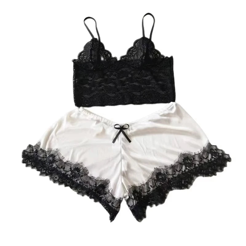 Women's 2 Piece Sexy Lace Pajama Set See-through Bralette Cami Top And Shorts Breathable Sleepwear Plus Size Summer Lingerie