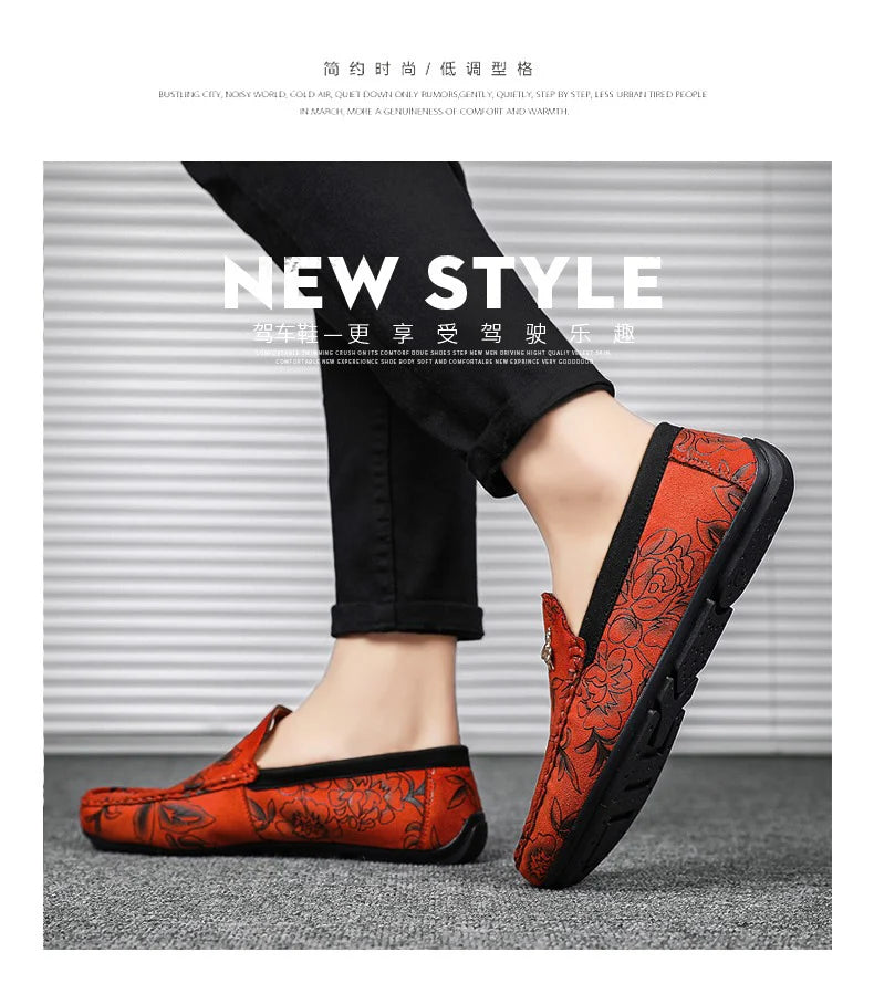 Luxury Brand Yellow Men Casual Shoes Fashion Flower Print Loafers Men Designer Flat Shoes Comfortable Slip-on Male Driving Shoes