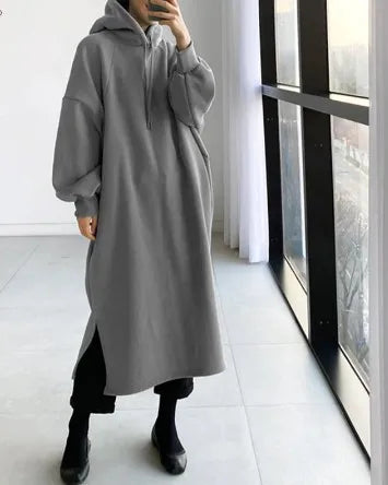 2025 Thicken Autumn Winter Women Oversized Hoodie Long Dress Solid Fashion Long Sleeve Female Clothing Casual Loose New Dresses