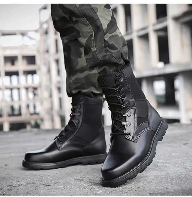 Men's Security Boots Black High-top Leather Boots Outdoor Tactical Combat Boots Anti Slip Hiking Boot Hunting Safety Shoes Botas