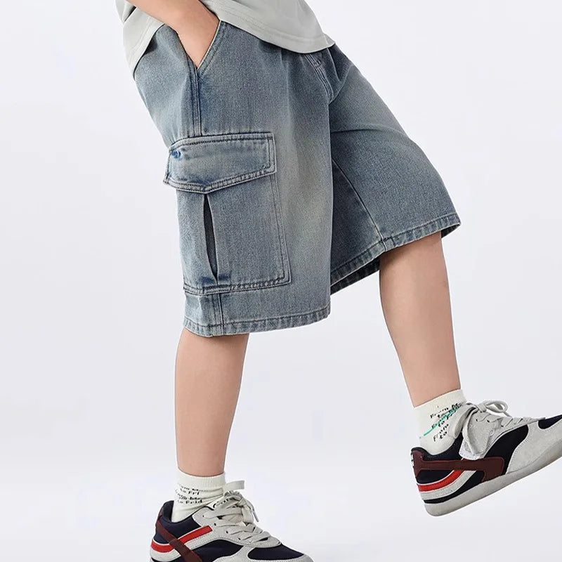 Boys Wide Leg Cargo Jeans 5-14 Years Spring Autumn Fashion Casual Streetwear Kids Retro Trendy Straight Loose Fit Sweatpants