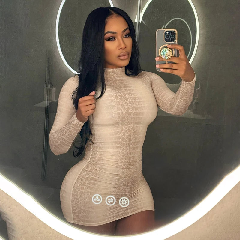 CUTENOVA Fall New Arrival Hottie Girl Long-Sleeve Fitted Snake Print Stand Collar Bodycon Mini Dress Elegant Stylish Streetwear