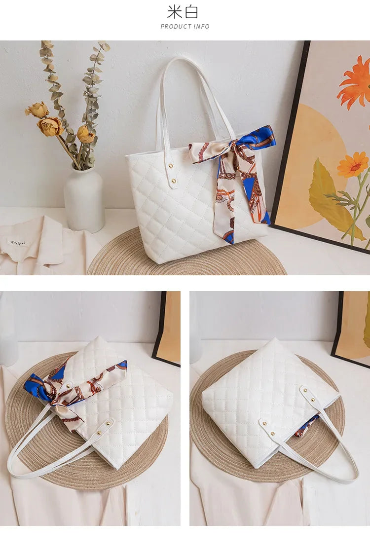 Embroidered Women's Handbag PU Leather Large Capacity Bucket Bag Fashion Beach Tote with Silk Scarf Gift Elegant Daily Use Purse