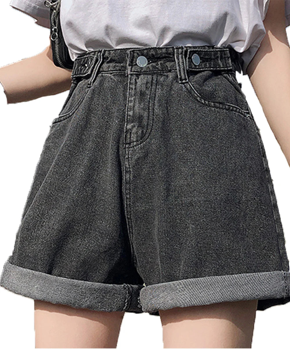 New Summer Women High Waist Button Wigh Leg Jeans Shorts Casual Female Loose Fit Blue Denim Shorts