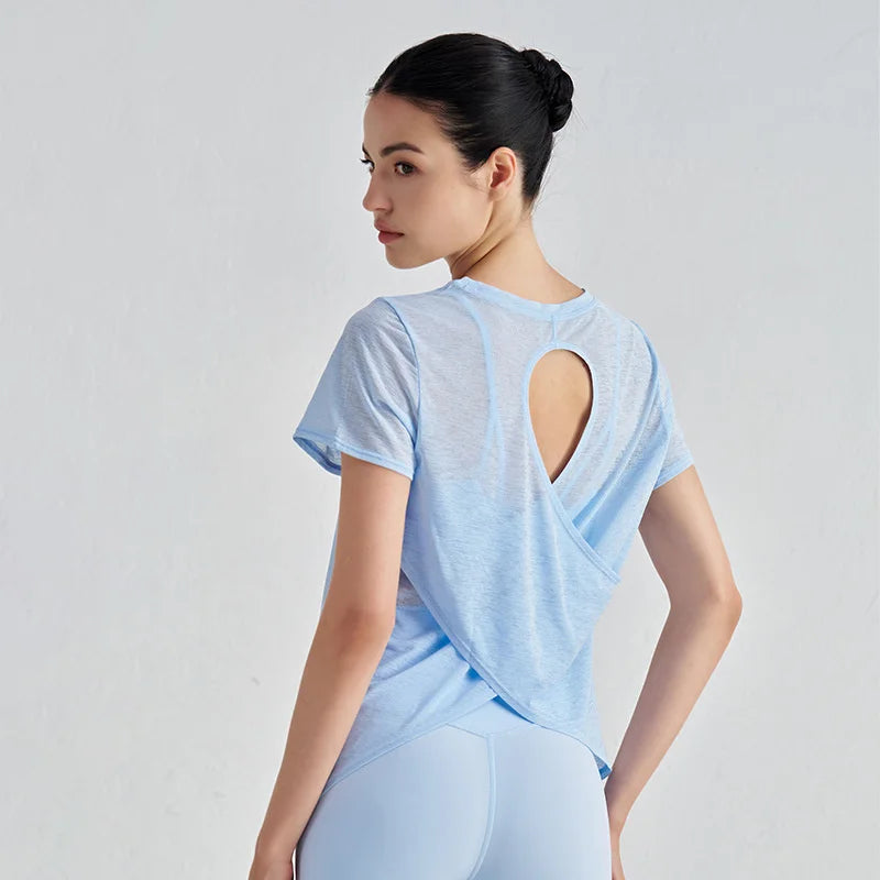 TRY TO BN Gym Tops Women Short Sleeve Sports Fitness Nylon Hollow Back Breathable Women's T-Shirt Training Runing Yoga Clothing