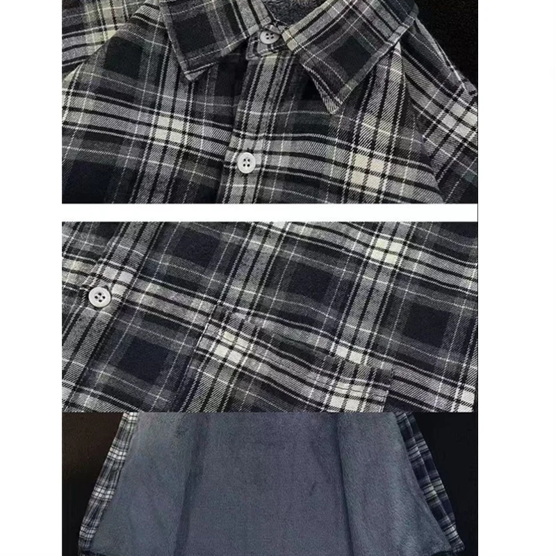 Men's Fleece Shirt Winter Thickened Long Sleeve Warm Shirts Black White Plaid Casual Button with Pocket All Matching Tops Coats