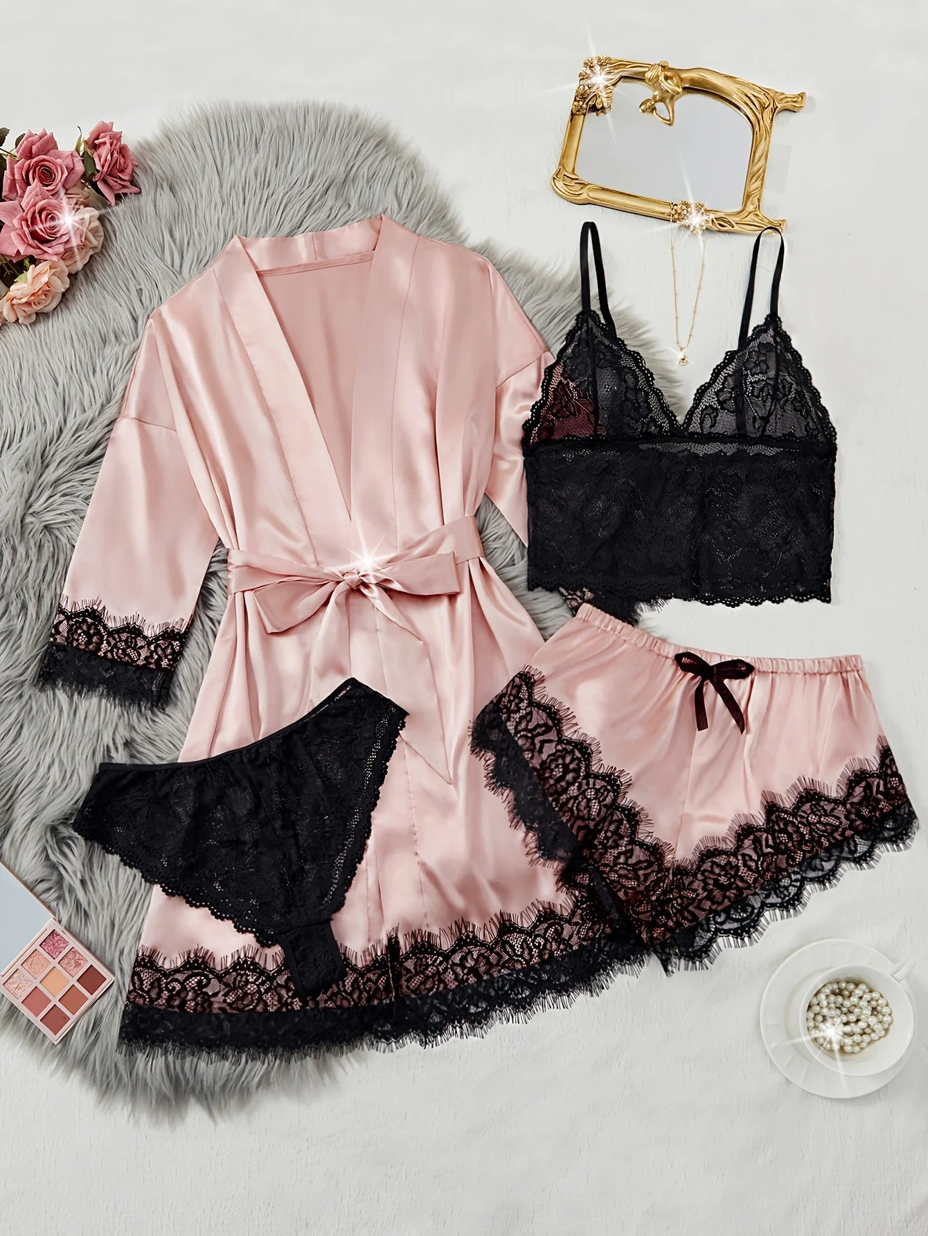 New Fashion Robe Lingerie Set Black Lace Bralette Thong Shorts Women's Luxury Sleepwear Nightwear Elegant Sexy Gift Bridal