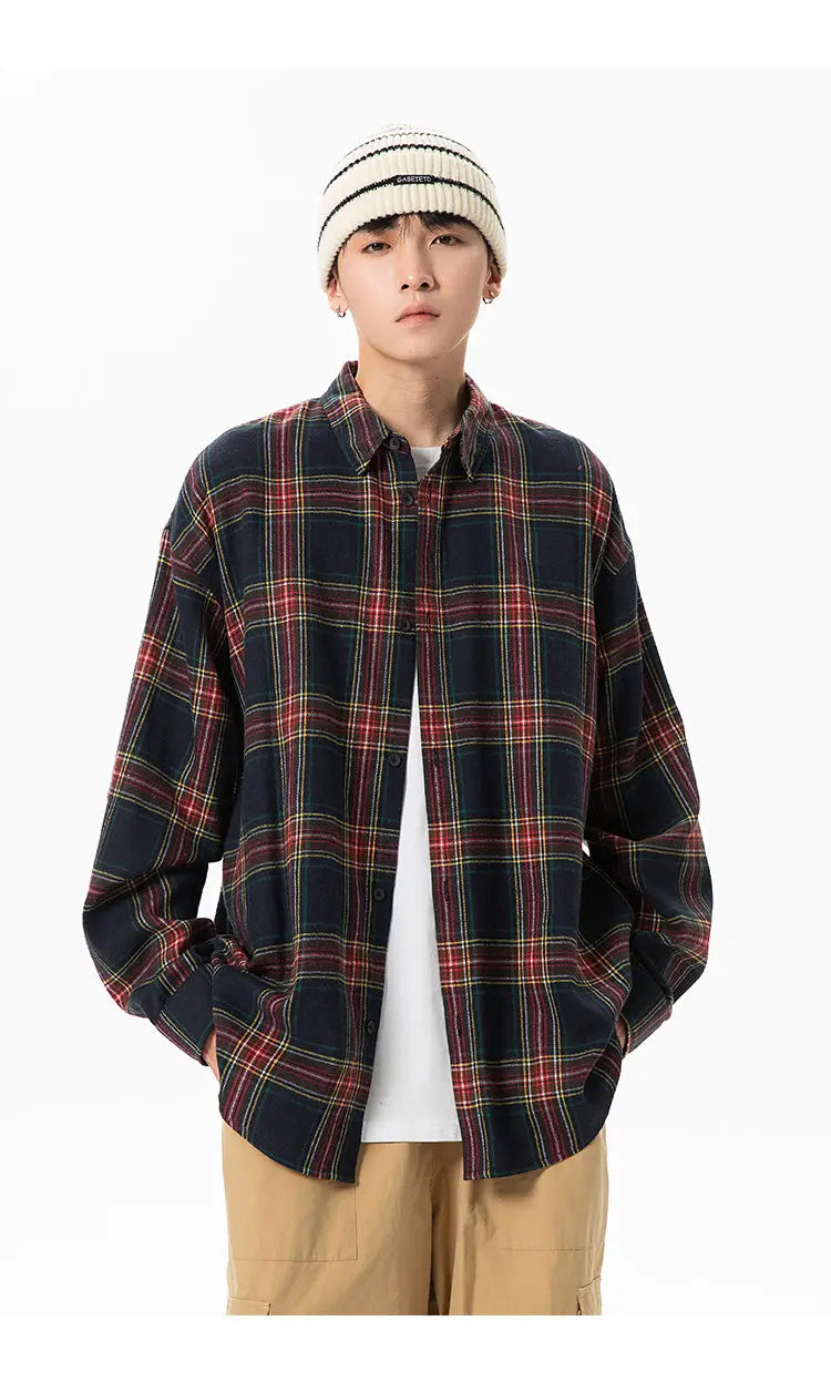 Plaid Shirt with Long Sleeves, Loose Fit, for Casual Men, Harajuku Style, Spring and Autumn Brushed Cotton Shirt.Oversized
