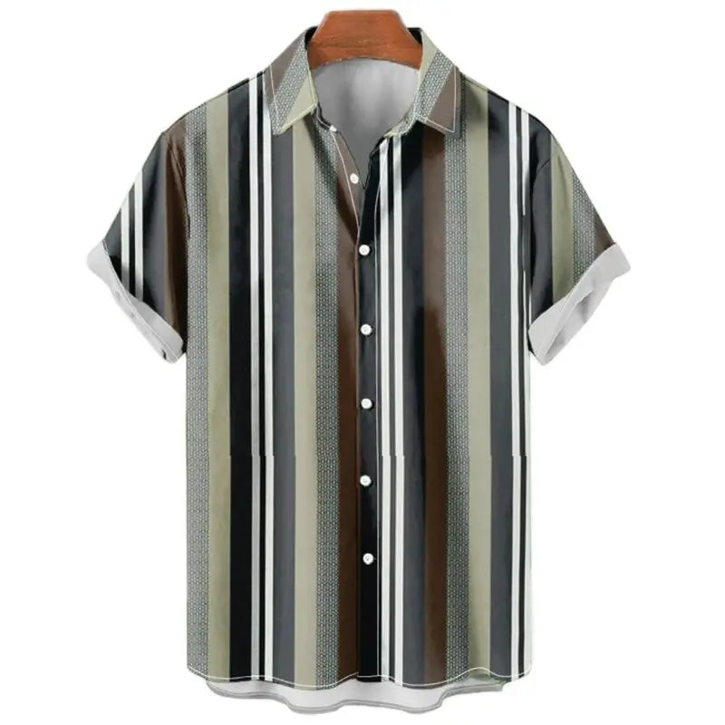 Men's Hawaiian Shirt Summer Stripes Print Short Sleeve Top Tees Fashion Casual Social Shirts Lapel Button Oversized Men Clothing