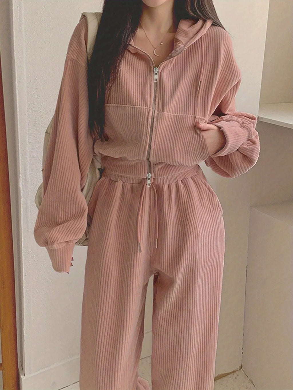 Ladies Casual Sport Two-Piece Set Hoodie And Pants with Drawstring Tightening Design Solid Color