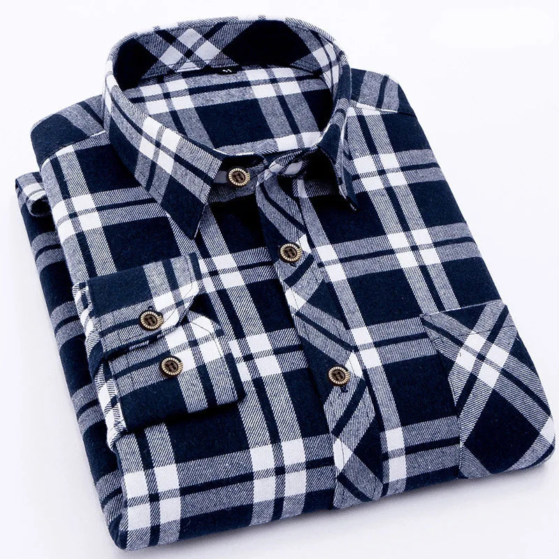 Plus Size M-5XL Men's Western Style Plaid Long Sleeve Shirt, Brushed Flannel Fabric, Loose Fit Casual Wear