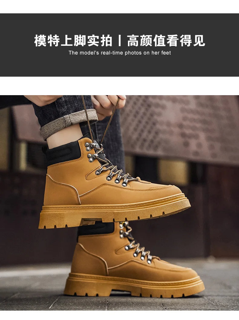 New Men's Leather Boots Brand Retro Comfortable Boots for Men 2025 Fashion High Top Non Slip Casual Shoes Business Work Shoes