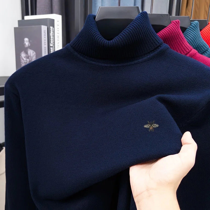 Luxury Brand Men's Autumn Winter Knit Sweater High Neck Long Sleeves Embroidery Pullover Leisure Business Keep Warm Men Clothing