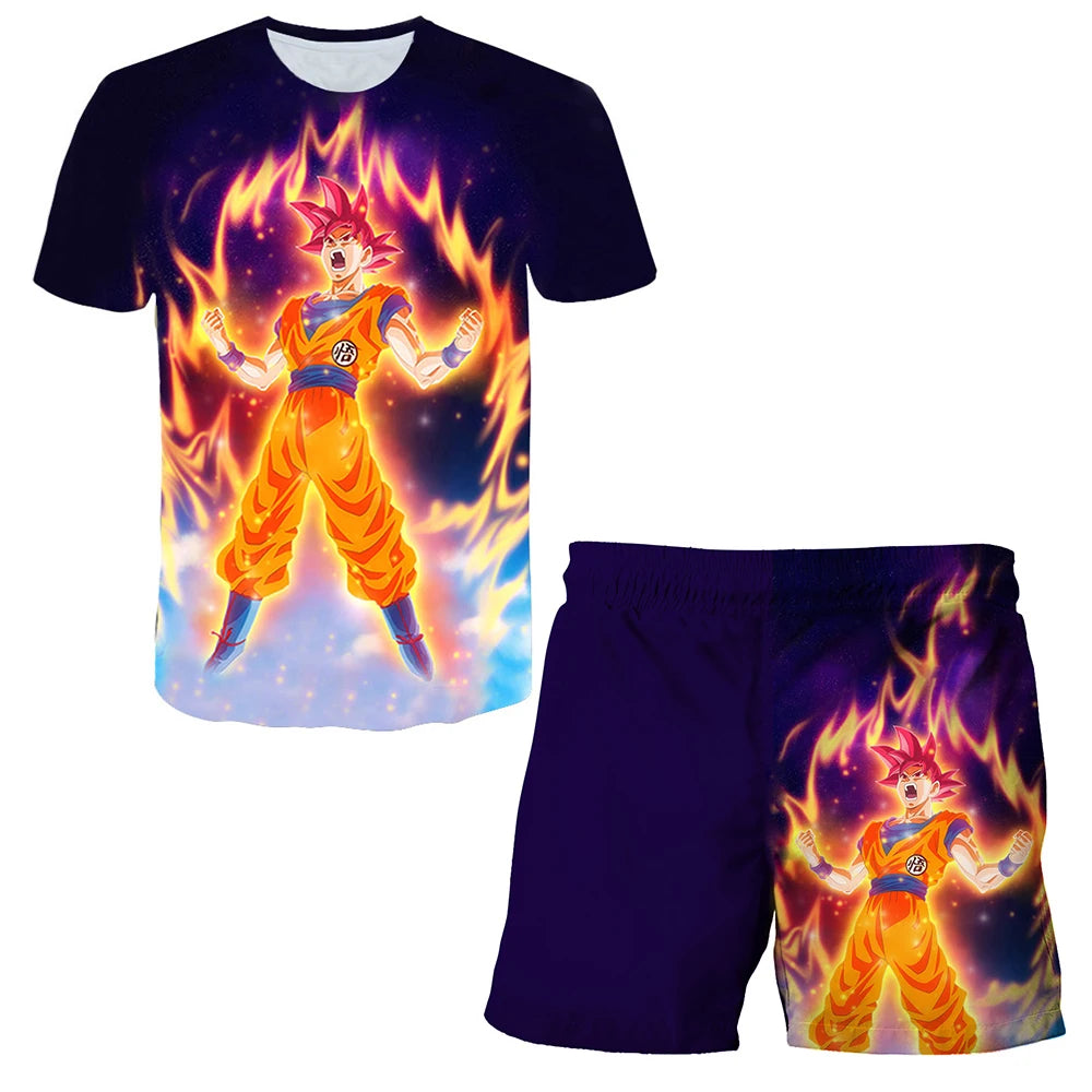 Japanese cartoon Dragon Ball Z T-shirt children's top T-shirt shorts two-piece set for summer boys T-shirt+shorts beach pants