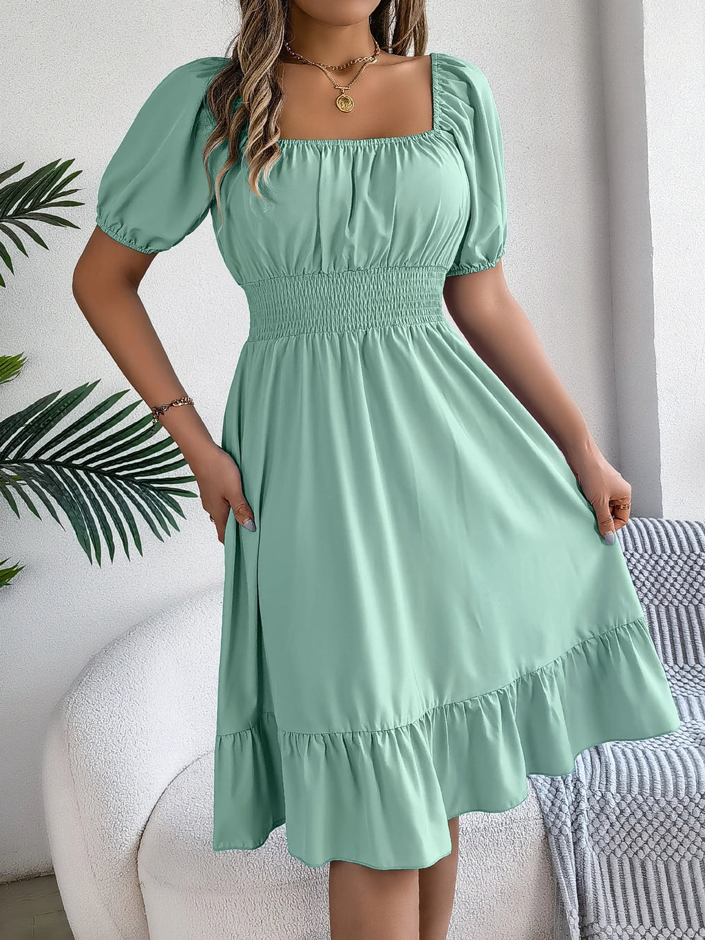 Spring Summer Elegant High Waisted Dress Square Neck Short Sleeved Ruffled Edge Long Dresses for Women 2026 Valentine's Day