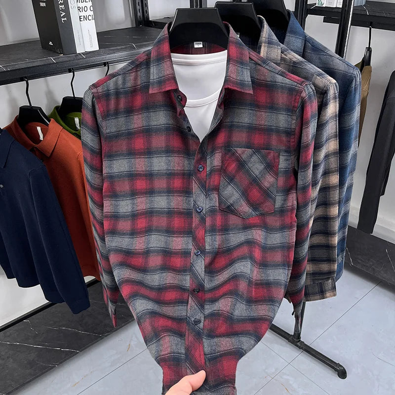 2025 Autumn New Men's Printed Striped Long Sleeved Shirt Casual Fashion Versatile Men's Top