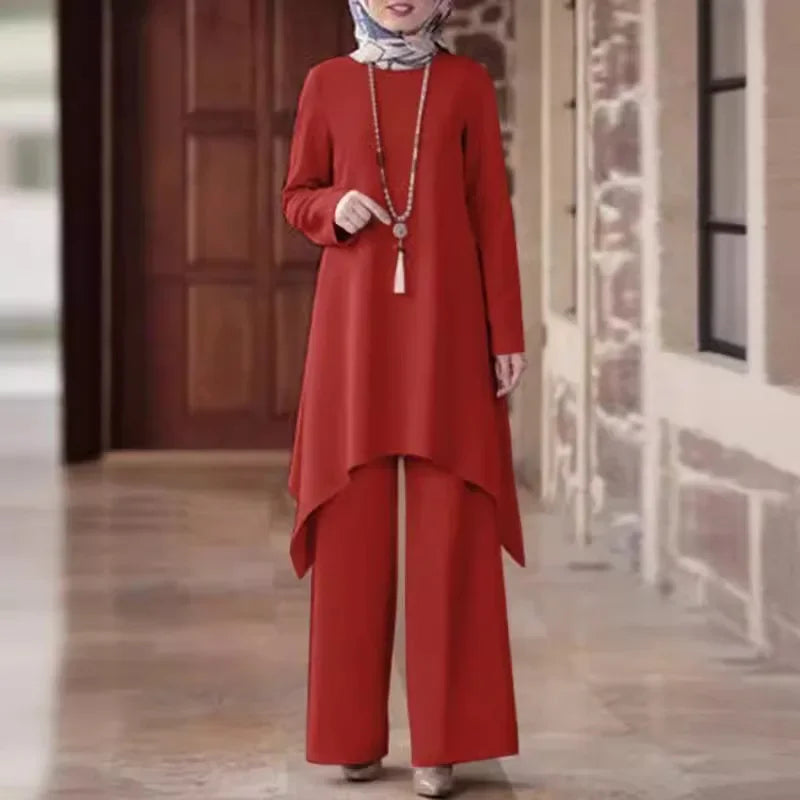 Hot Sale Of The Season Muslim Women's Fashion Casual round Neck Overhead Long Pants Midi Skirt Set Solid Color Middle East Cross