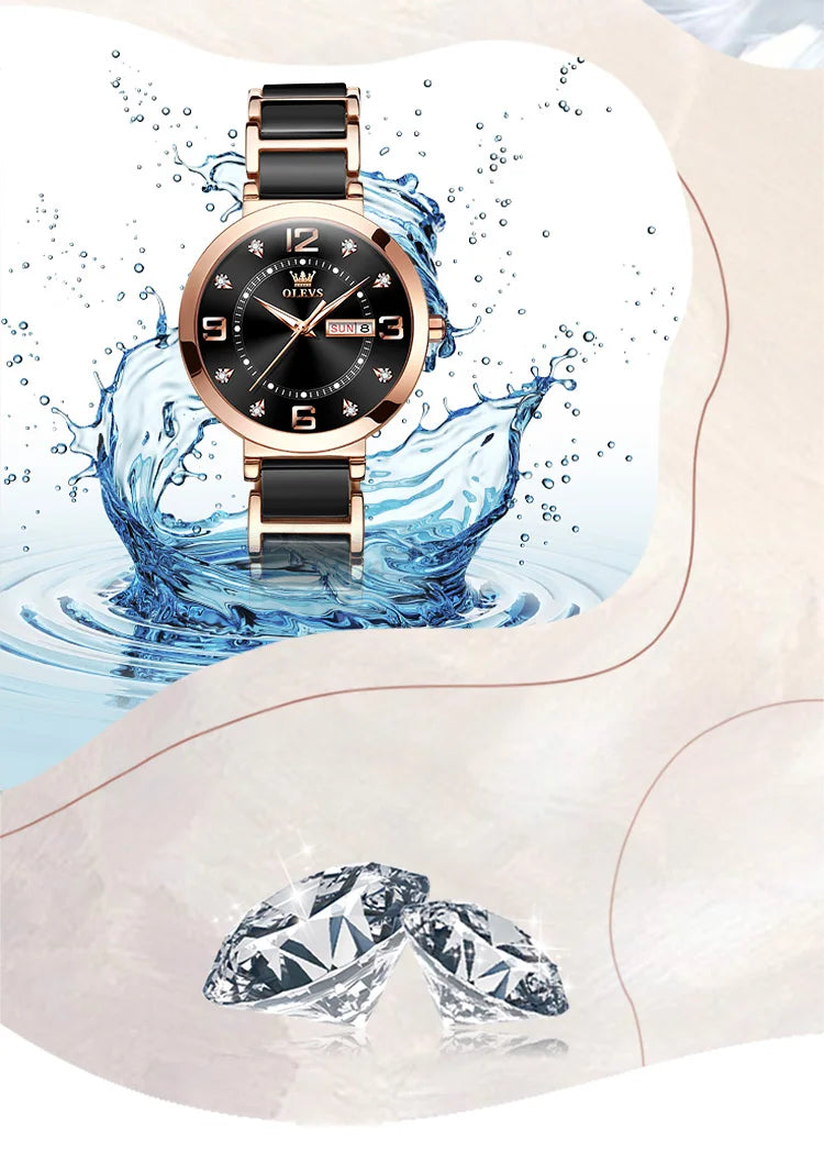 OLEVS New Ceramics Watchstrap Watch For Women Luxury Business Diamonds Wristwatch Fashion Waterproof Dual Calendar Woman Watches
