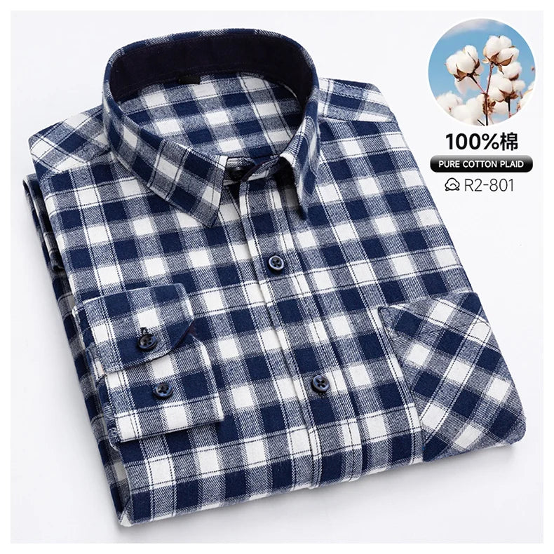 Pure Cotton Men's Plaid Shirts Long Sleeved Regular Fit Casual Office Fashion Shirts Leisure Autumn Male Check Blouses Plus Size