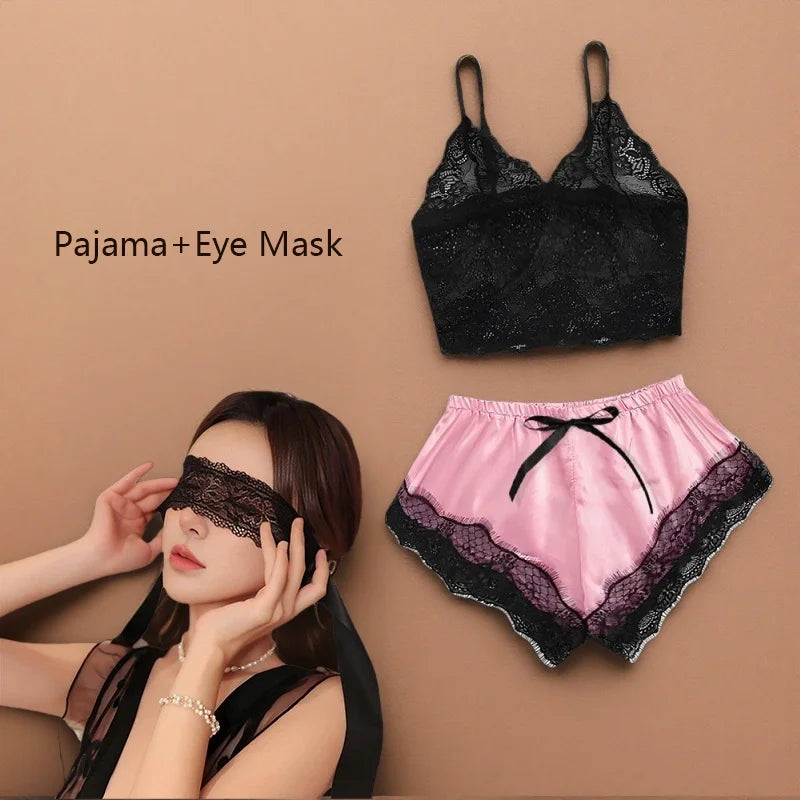 2PCS Women's Satin Pajama Set Lace Cami Top and Shorts Sexy Lingerie Sleepwear Summer Breathable Nightwear Black And Pink