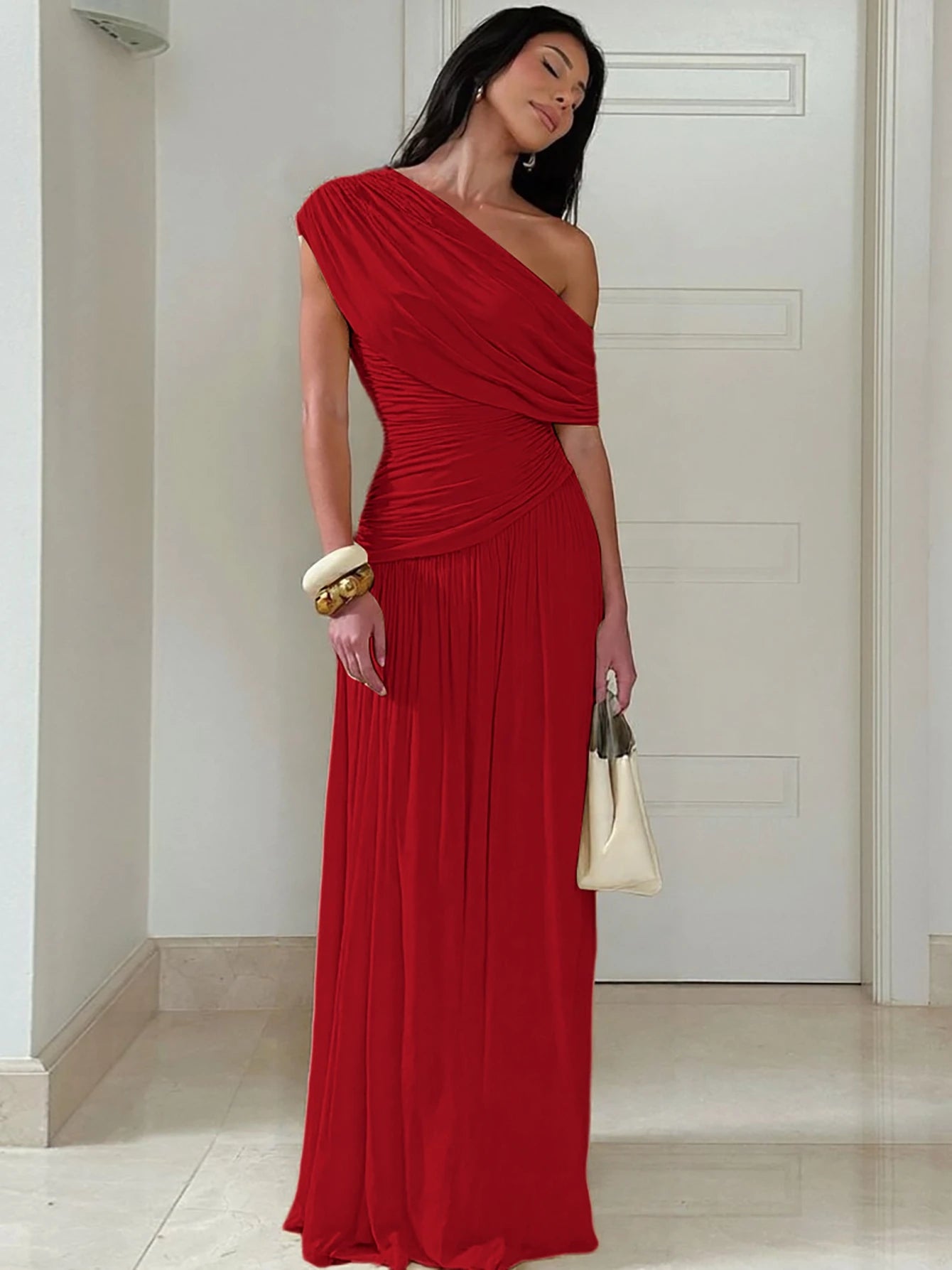 Hugcitar One Shoulder Ruched Sleeveless Solid Pleated Sexy Irregular Y2K Maxi Dress Summer Elegant Party Women Clothes Vacation