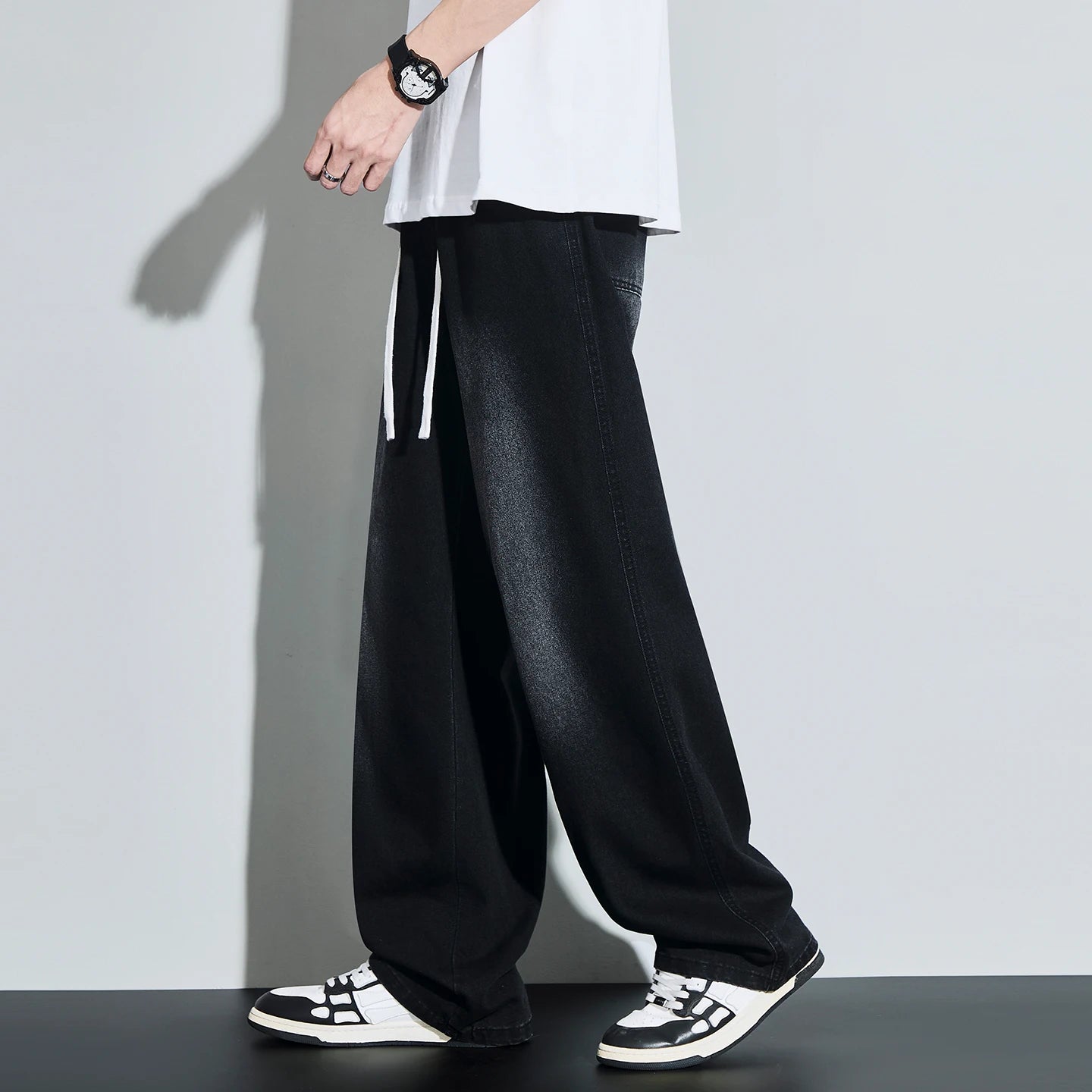 High Quality Spring Summer Lyocell Men's Jeans Baggy Straight Drawstring Streetwear High Street Trousers Male 7 Color