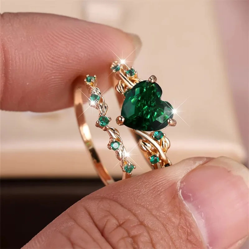 Royal Blue Green Black Red Stone Heart Ring Sets for Women Rose Gold Color White Zircon Bridal Wedding Bands Mothers Day Jewelry