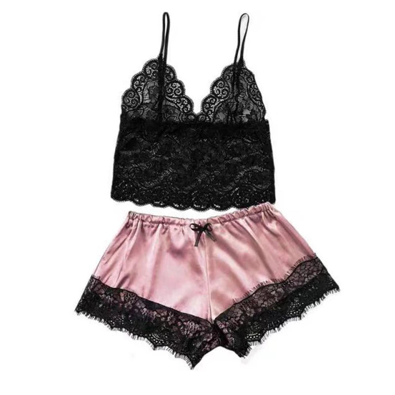 Women 2 Piece Sexy Lace Pajama Set See-Through Bralette Cami Top and Shorts Breathable Sleepwear Plus Size Summer Lingerie