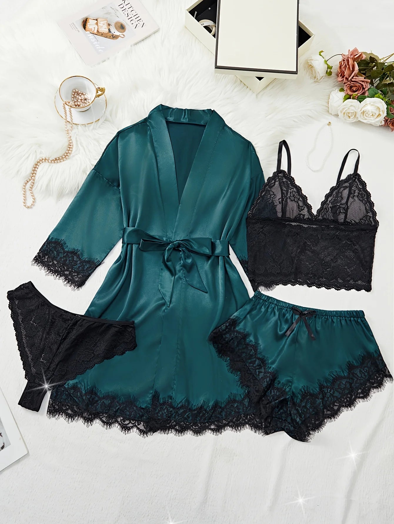 New Fashion Robe Lingerie Set Black Lace Bralette Thong Shorts Women's Luxury Sleepwear Nightwear Elegant Sexy Gift Bridal