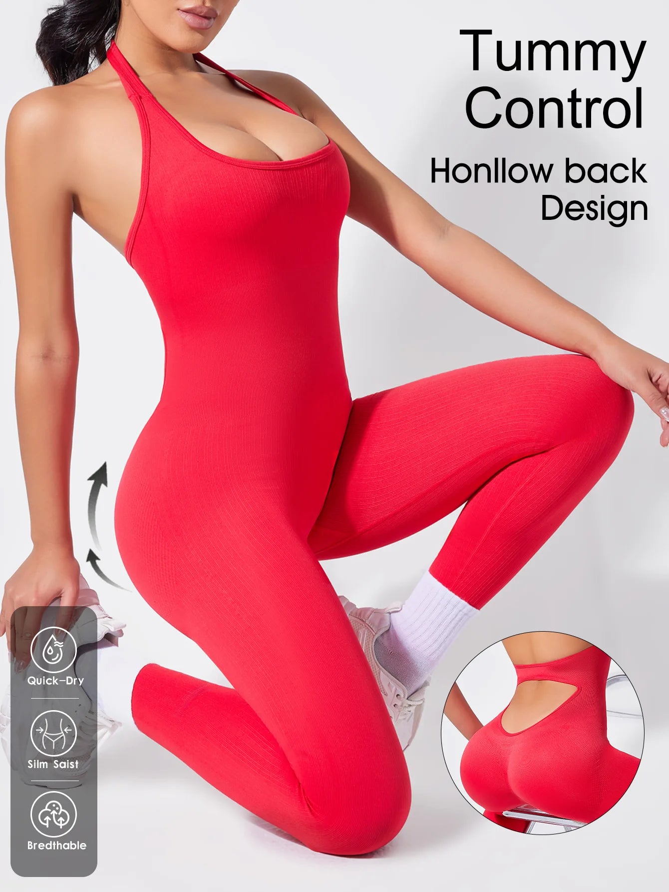 Square Neck Backless Yoga Jumpsuit High Waist Seamless Nudity Ultra Stretch Women Gym Sportswear Summer Rompers Ribbed Jumpsuit
