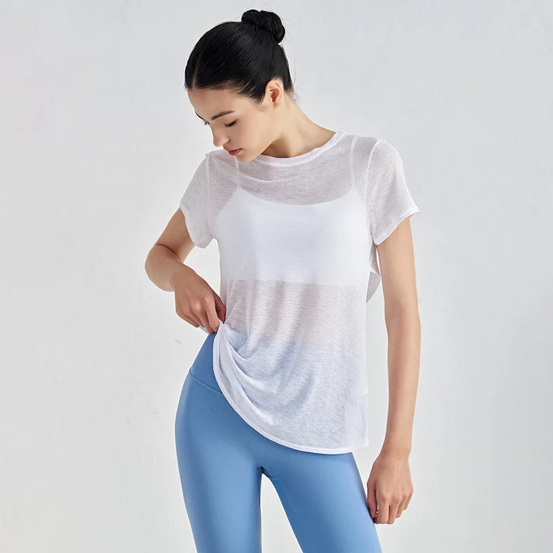 TRY TO BN Gym Tops Women Short Sleeve Sports Fitness Nylon Hollow Back Breathable Women's T-Shirt Training Runing Yoga Clothing