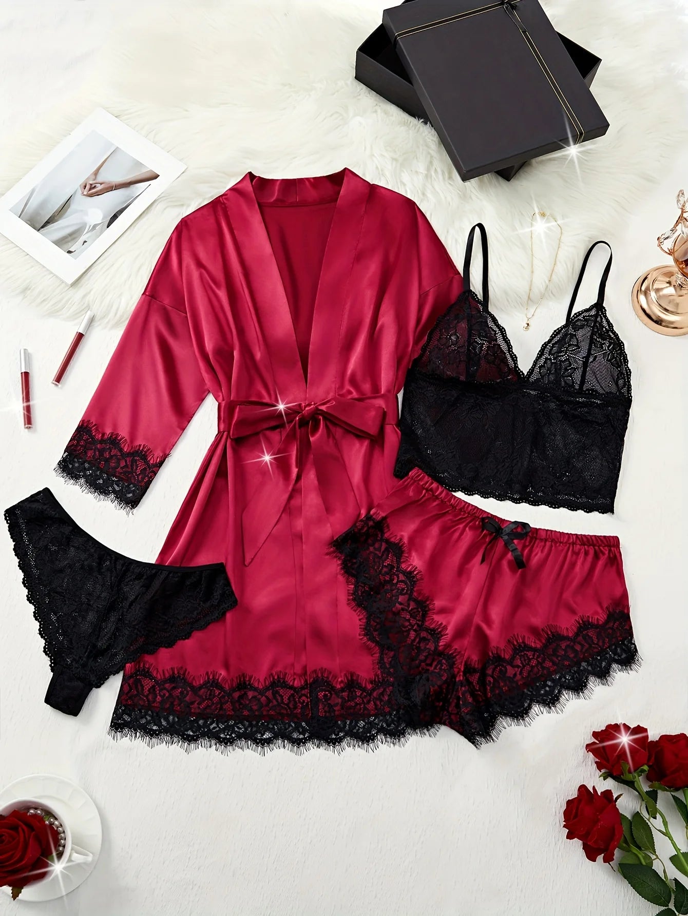 New Fashion Robe Lingerie Set Black Lace Bralette Thong Shorts Women's Luxury Sleepwear Nightwear Elegant Sexy Gift Bridal