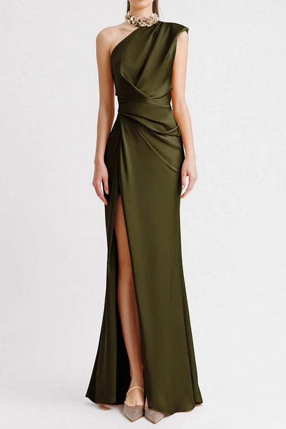 Women's Solid Slanted Collar High Waist Slimming Long Dress Temperament Commuting Female Fashion Elegant A-Line Party Dresses