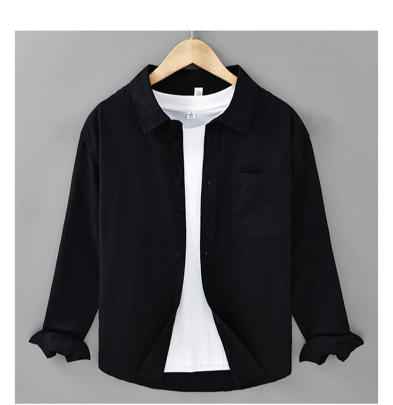 Basic Men's Long-Sleeve Cotton Shirt - Casual and Versatile Spring Style 100% Cotton Solid Color Casual Shirt